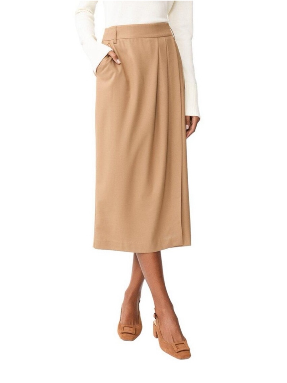 J. McLaughlin Carolina Wool Blend Wrap Skirt tan pockets